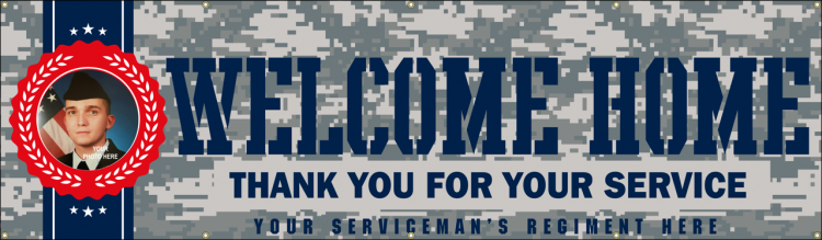 Welcome Home Military Vinyl Banner with camouflage print and custom photo